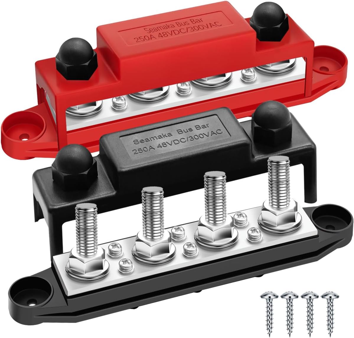 250A 12V Bus Bar Marine Power Distribution Block with Cover with 4 x 3/8”Post 6 x #8 Screws Terminals,Battery Bus Bar (Pair, Red & Black),Automotive Busbars 12 Volt for Car Boat Solar Wiring
