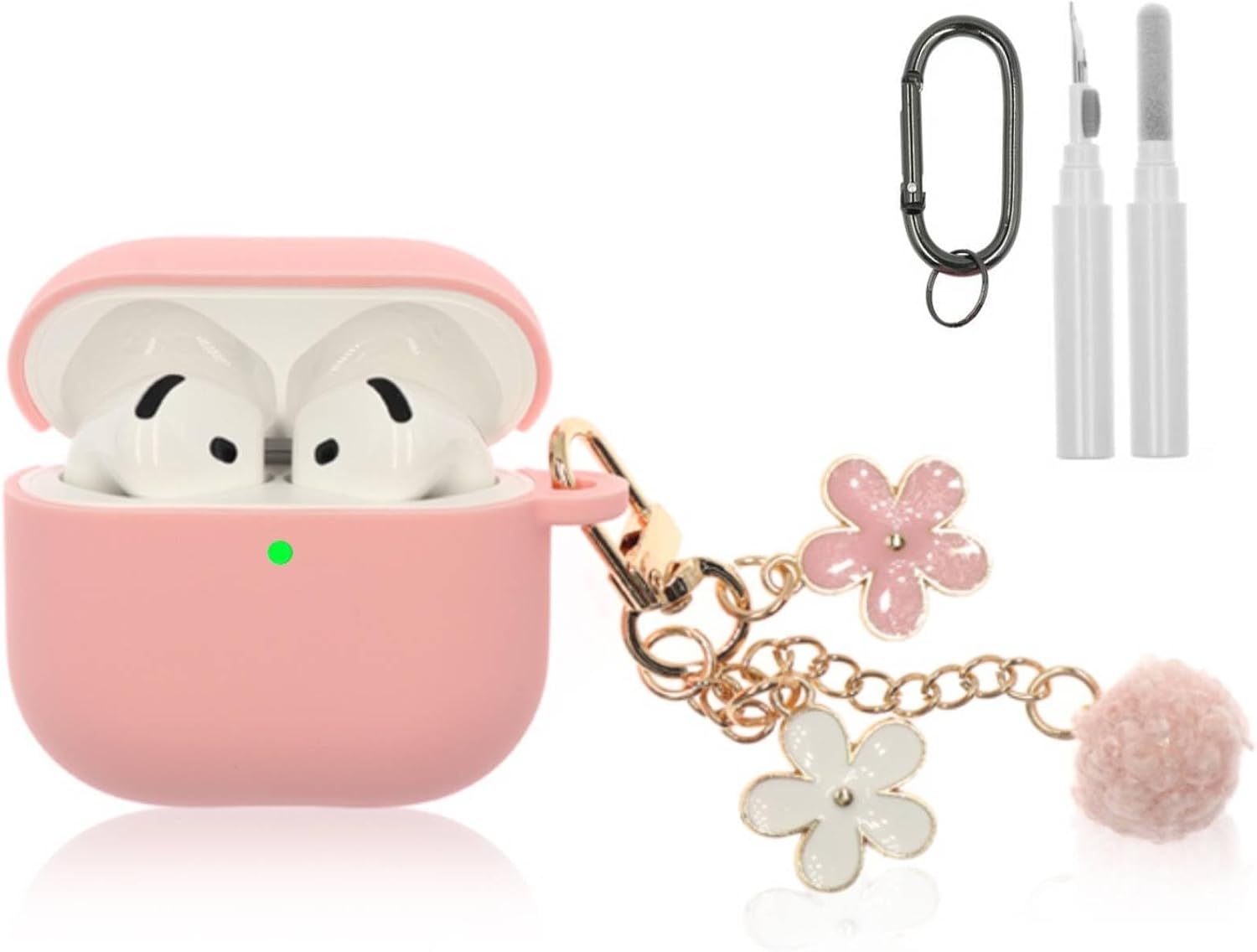 Compatible with AirPods 4 Case 2024, Premium Soft Silicone Protective Case Cover for Apple AirPods 4th Generation with Cleaner Kit, Carabiner and Keychain Accessories for Women Girls (Pink)