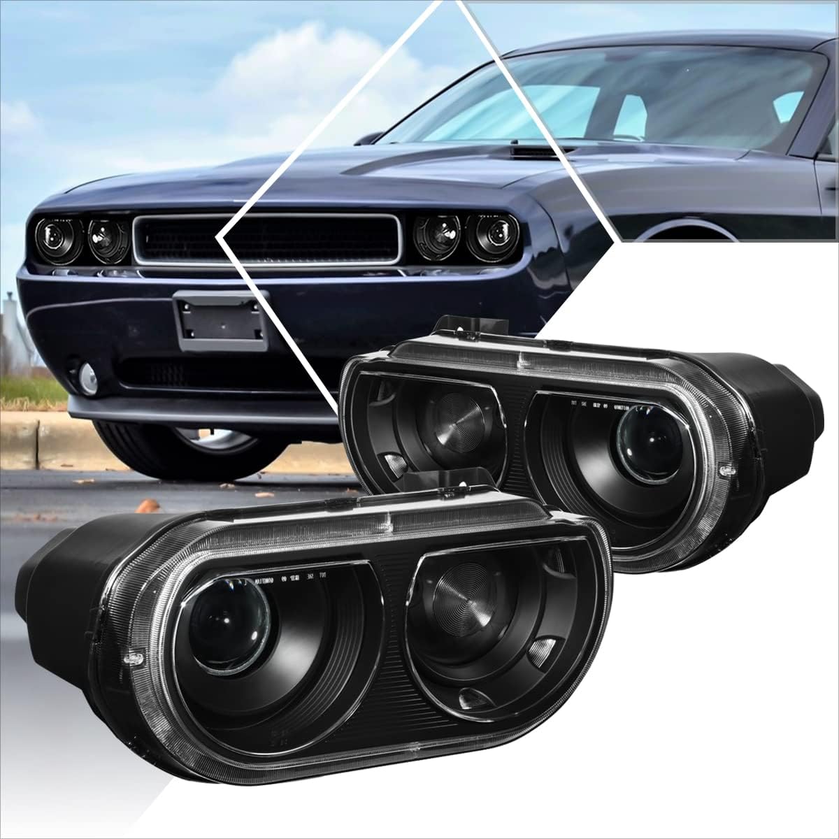 PM PERFORMOTOR Factory Style HID Projector Headlights Assembly Compatible with 08-14 Dodge Challenger,Black Housing/Clear Lens