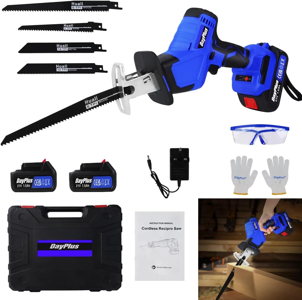 21V Battery Powered Brushless Reciprocating Saw Cordless Electric Reciprocating Saw Portable Wood Saw with1.5Ah Battery,4 Saw Blades,1 Kit Box,0-1900RPM Variable Speed for Metal Wood PVC Pipe