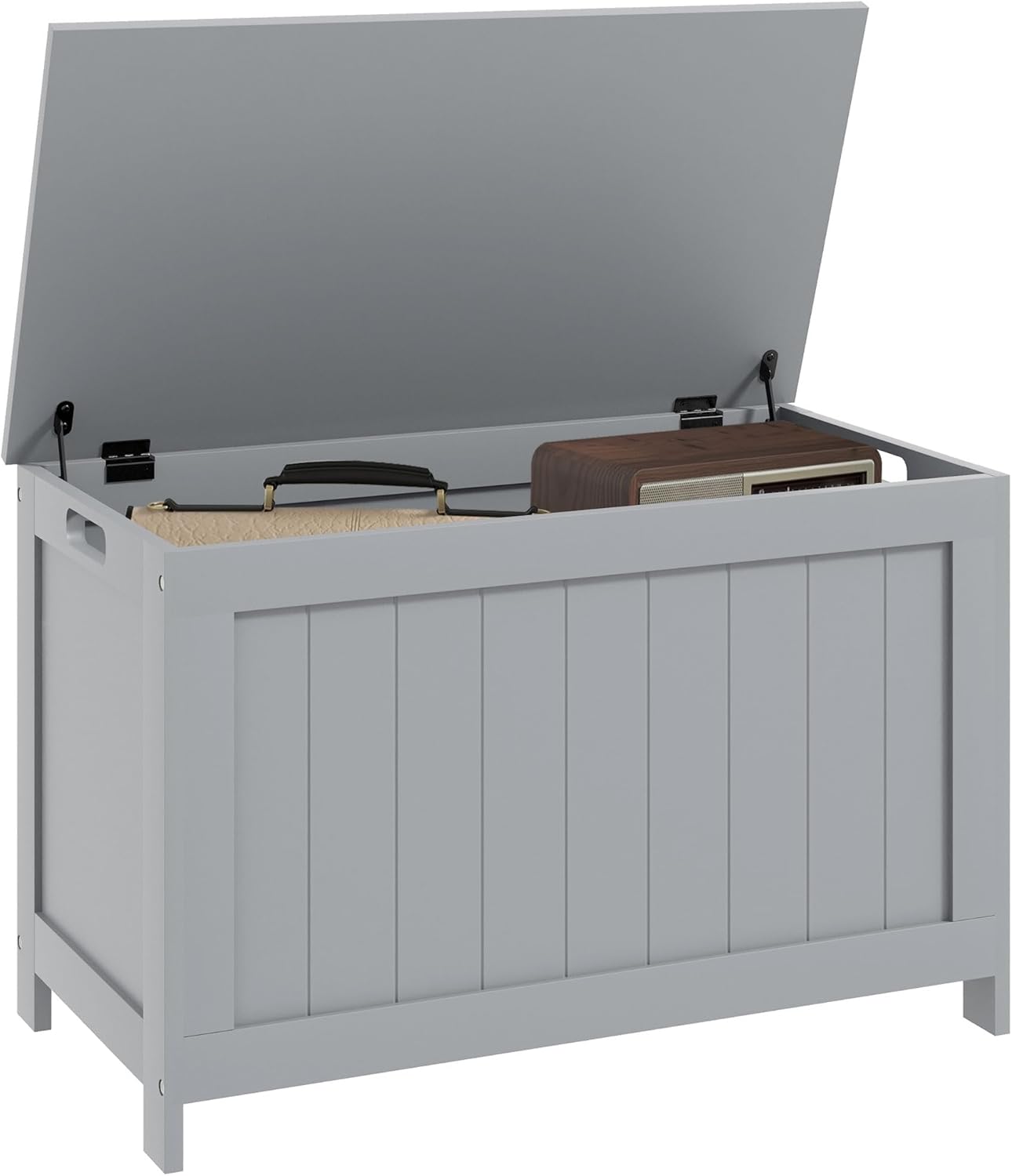 HOMCOM Storage Chest, Modern Storage Trunk with 2 Safety Hinges and Cut-out Handles, Wooden Toy Box for Living Room, Entryway, 76 x 40 x 48 cm, Grey