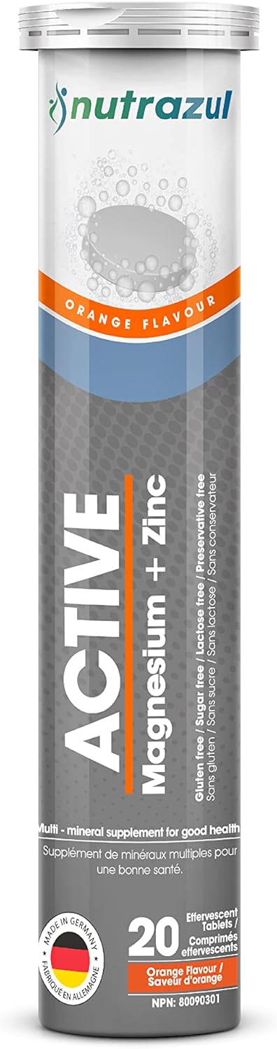 Nutrazul Active Magnesium and Zinc Effervescent Tablets | 20 Tablets | Magnesium Supplements for Muscle Recovery & Electrolyte Balance | Orange Flavor