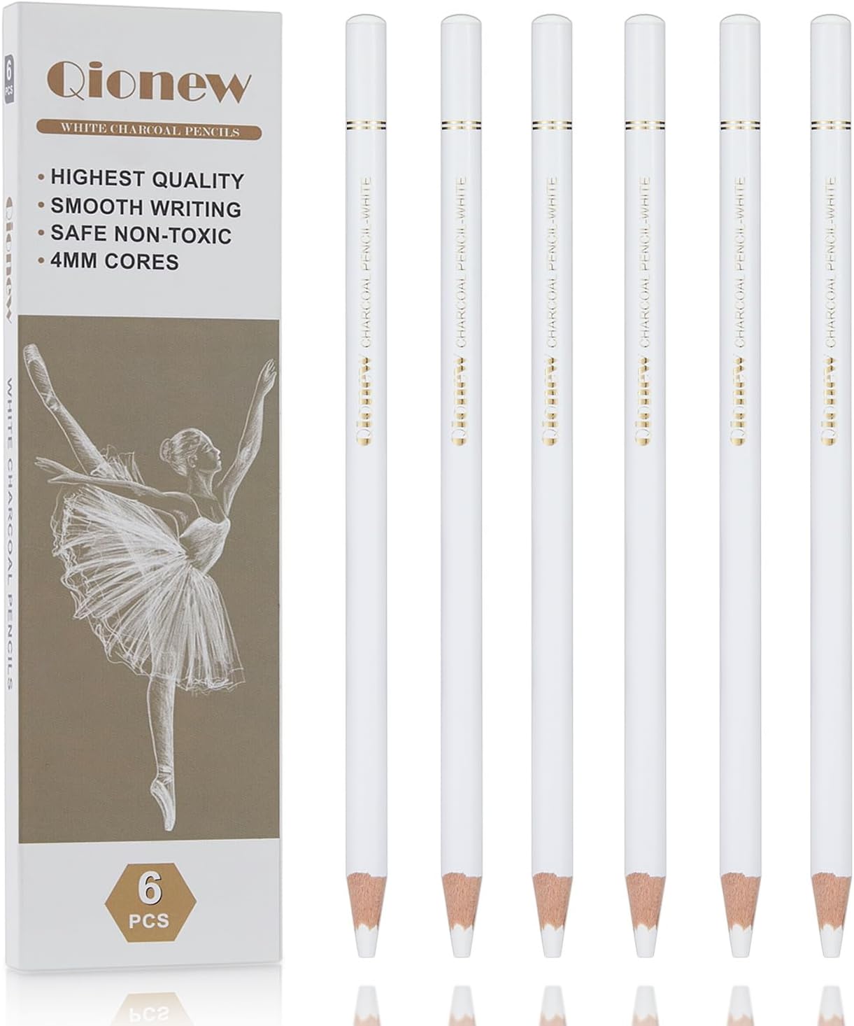 White Charcoal Pencils Drawing Set, Set of 6 for Illustration,Shading, Blending,Sketching,Black Paper,for add highlight on kraft paper,black cardboard & charcoal sketches