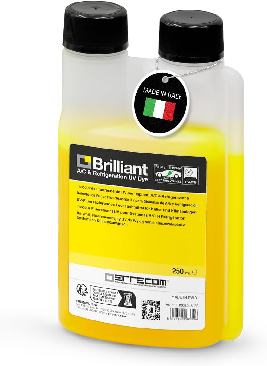 Errecom Brilliant - 250 ml, Fluorescent UV Dye for Detecting Refrigerant Gas Leaks in Air Conditioning and Refrigeration Systems, 250 ml bottle with dispenser