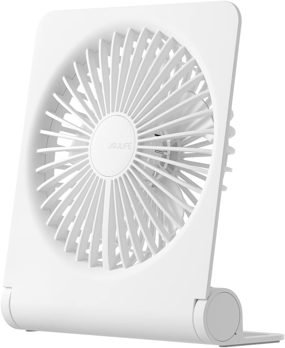 JISULIFE Small Desk Fan, Portable Travel with 4500mAh Battery, USB Rechargeable Folding Design for Flexibility, Strong Quiet Wind with 4 Speed Modes, Ideal Gifts for Office/Home/Camping - White