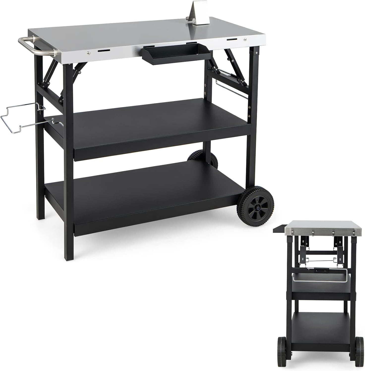 COSTWAY Folding BBQ Serving Trolley, 3 Tier Movable Pizza Oven Table with Adjustable Shelf, Spice Rack& Phone Holder, Stainless Steel Food Prepare Dining Cart for Outdoor Grilling and Cooking