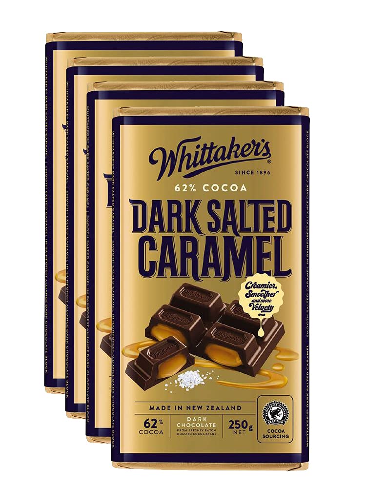 Whittaker's Dark Salted Caramel Chocolate Block (Pack of 4) （Made in New Zealand）