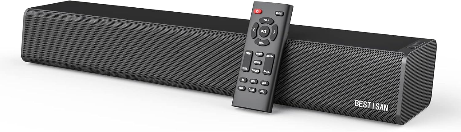 Sound Bar, BESTISAN 50 Watts Soundbar with HDMI, Optical, Coaxial, AUX, USB and Bluetooth Connection, DSP, Bass Adjustable, 16 Inch, Mountable