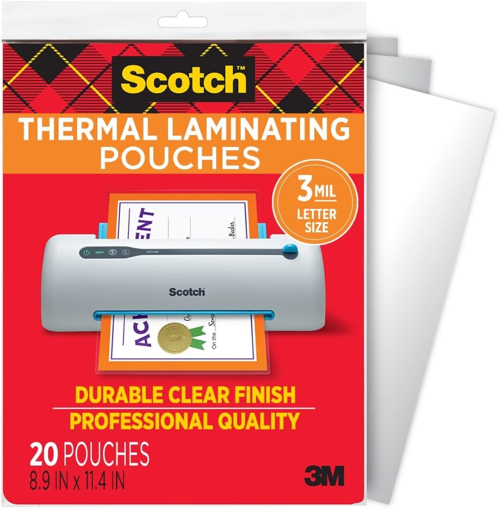 Scotch Thermal Laminating Pouches, Letter Size Laminating Sheets 8.9 x 11.4-Inches, 3 mil Thick, 20-Pack