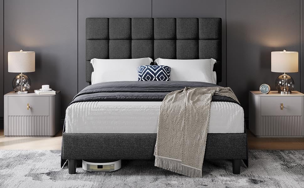 Yaheetech 4ft6 Double Bed Frame Upholstered Platform Bed with Adjustable Square Tufted Headboard/Linen Fabric/Sturdy Wooden Slat Support/No Box Spring Needed, Dark Grey Double Bed