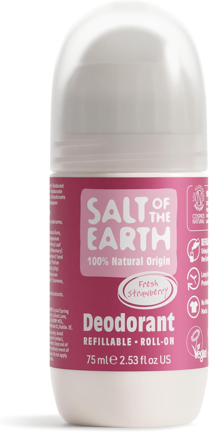 Salt of the Earth - Natural Refillable Roll On Deodorant - Fresh Strawberry - Effective Long Lasting Protection, 100% Natural Ingredients, COSMOS Approved & Vegan - for Women, Men & Kids - 75ml