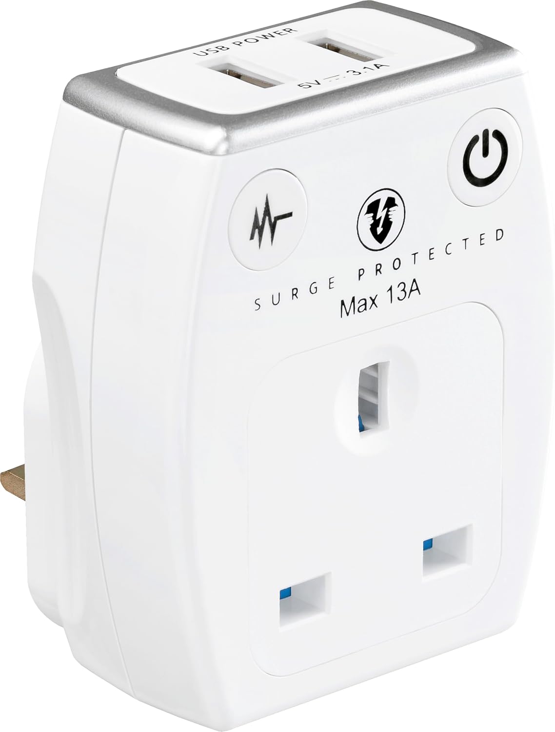 Masterplug SRGAUSBPW3-MP Single Socket Surge Protected Power Adaptor with Two USB Charging Points, Gloss White, 6