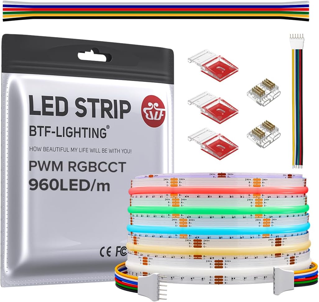 BTF-LIGHTING FCOB COB LED Strip RGBCCT Color Changing 16.4FT 960LED/m Flexible High Density Light RGB+CCT Tunable 3000K-6000K DC24V 12mm Width for Indoor Decor(No Adapter or Controller)