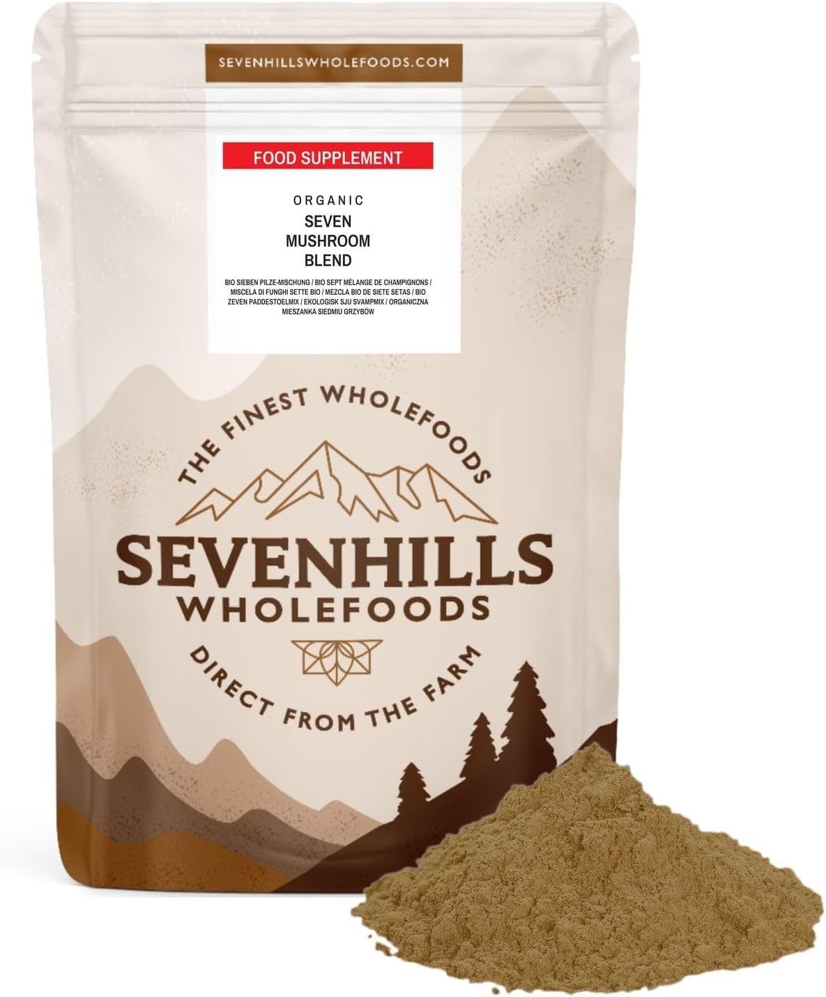 Organic 7 Mushroom Blend Powder 200g with Lion's Mane, Reishi, Chaga, Cordyceps, Tremella, Maitake & Shiitake by Sevenhills Wholefoods