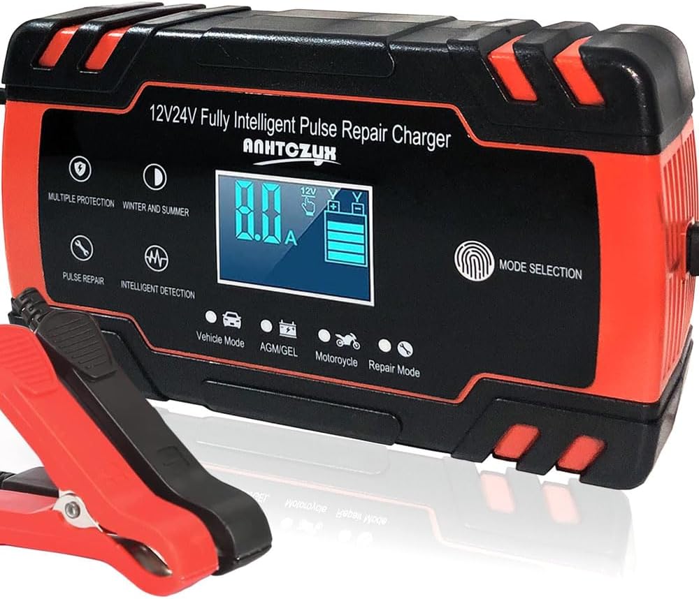 PROFIKLA 12V/24V 8Amp Car Battery Charger, Automatic Smart Battery Charger with Intelligent Charges, Repairs, Maintains Lead Acid Batteries, Car, Motorcycle, Boat Mower Battery
