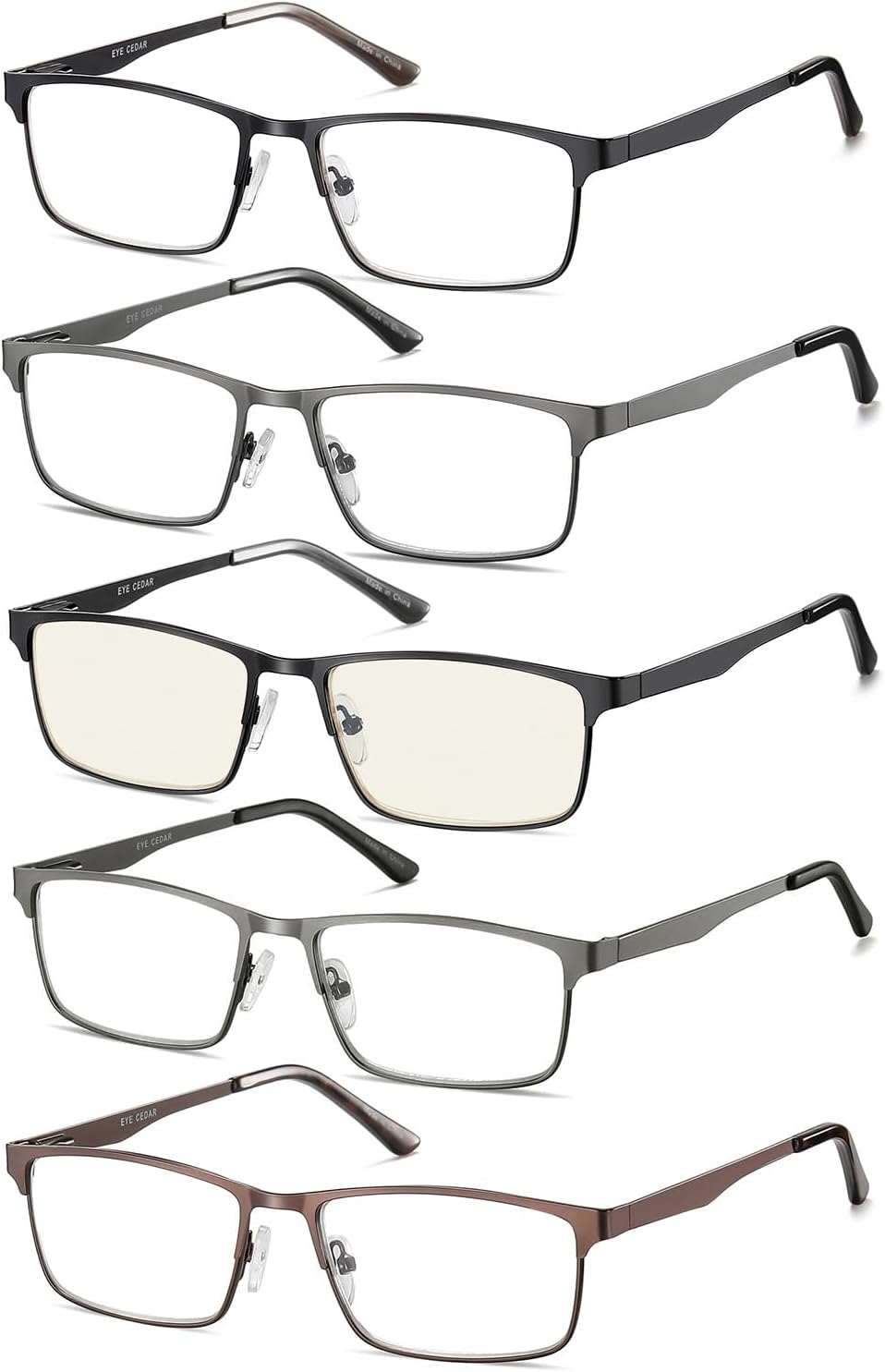 EYECEDAR 5-Pack Reading Glasses Men Metal Frame Rectangle Style Stainless Steel Material Spring Hinges with Computer Eyeglasses Readers 1.50