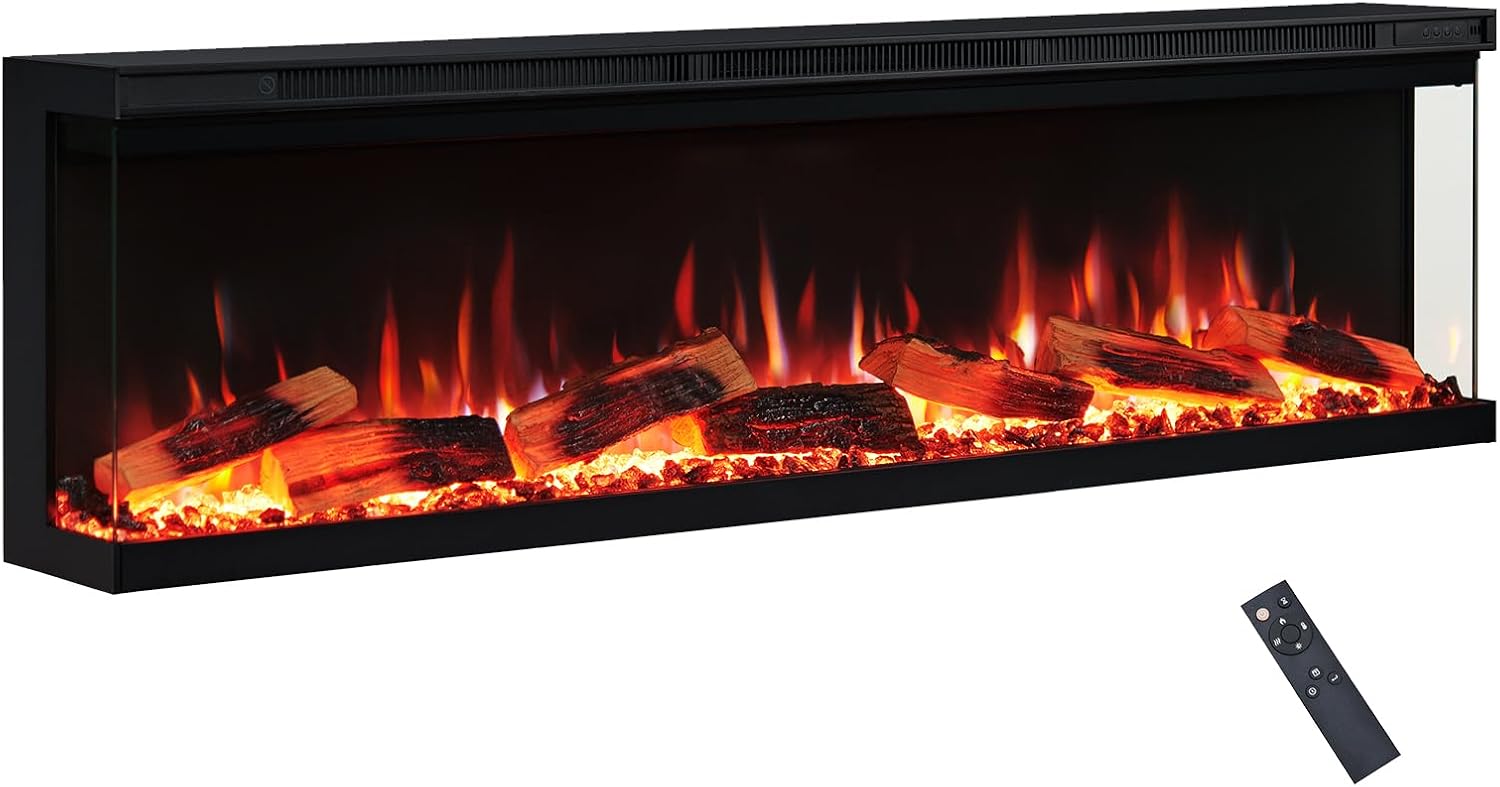 Leura with Premium Logs 152cm/60" 3 Sided view Electric Fireplace Wall Mounted or Recessed 9 Colour Flame Effect TV Compatible Media Wall Fire Heater 900W/1800W, Remote Control