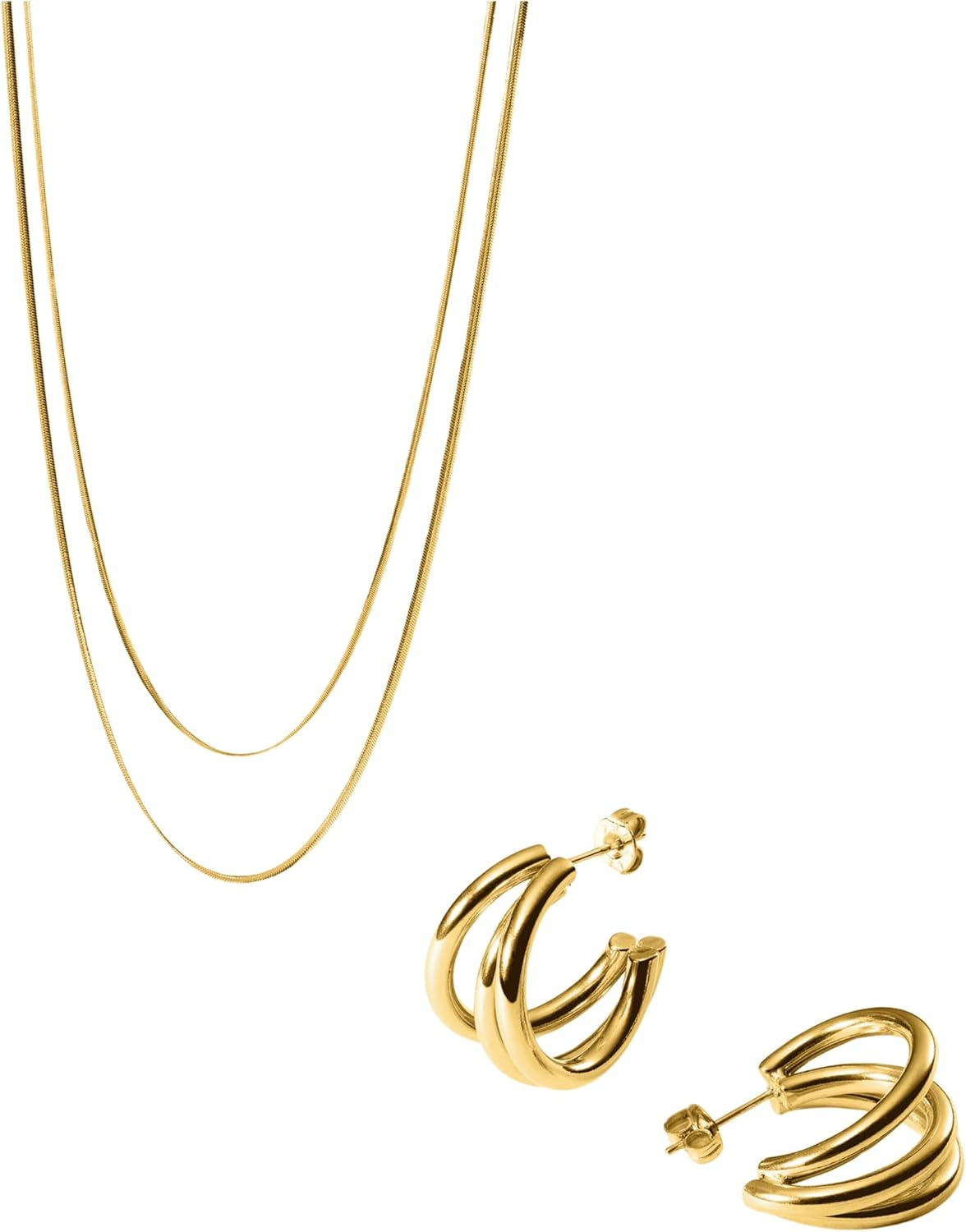 Purelei® Two Layers Jewelry Set – Gold Plated Double Necklace & Eono Hoop Earrings – Waterproof Fashion Jewelry for Women