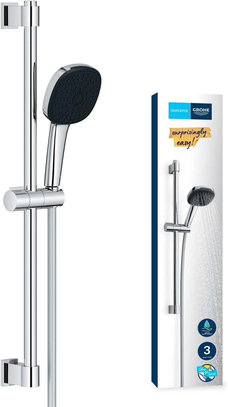 GROHE Vitalio Comfort 110 - Shower Set (Square 11 cm Hand Shower 3 Sprays: Rain, Jet & Massage, Shower Hose 1.75 m, Shower Rail 60 cm, Water Saving), Easy to Fit with GROHE QuickGlue, e, 26096001