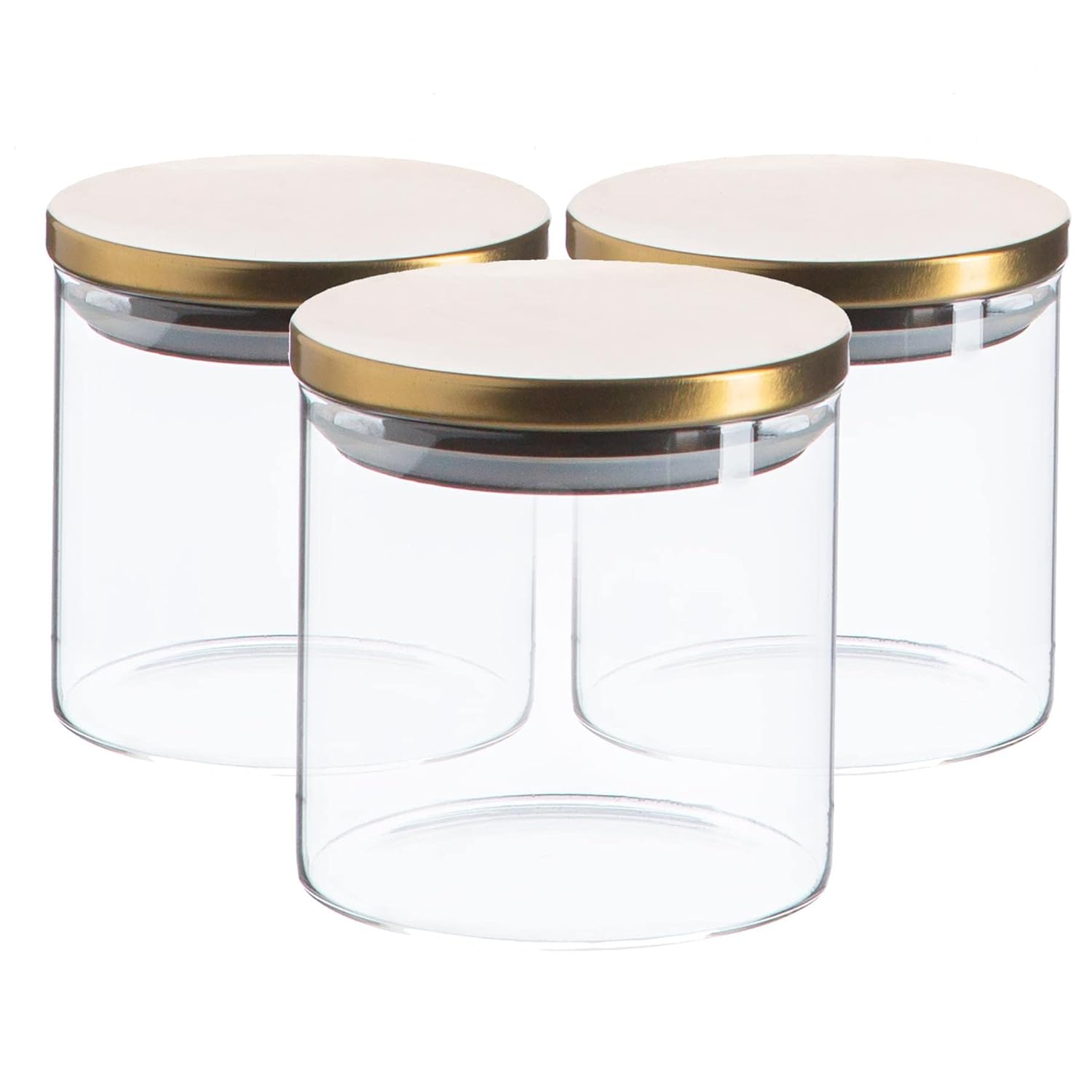Argon Tableware Scandi Storage Jars with Metallic Gold Lids - 550ml - 3 Pack - Modern Round Organisation Container Glass Jar for Kitchens, Pantry, Bathrooms, Utility Rooms