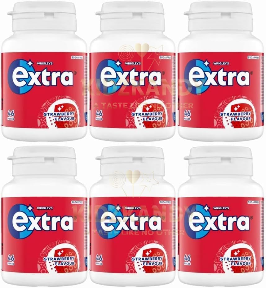 Xtra Strawberry Chewing Gum Bottle 46pcs x 6, Sugar-Free Fruity Snack for Fresh Breath Refreshment Tub
