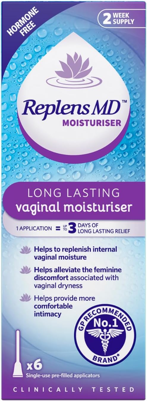 Replens Long Lasting Vaginal Moisturiser, Up to 3 days of long-lasting relief from vaginal dryness, Relieves Discomfort, Hormone Free, Clinically Tested, Pack of 6 Pre-Filled Applicators