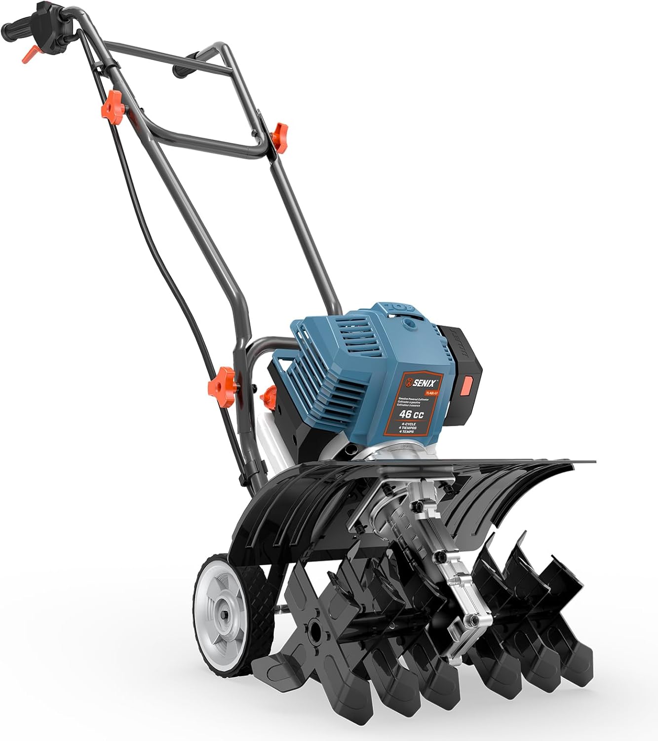 SENIX 4QL 4-Cycle Gas Powered Tiller Cultivator, 46cc Full Crank Engine, 15-Inch Tilling Width, 8-Inch Tilling Depth, Easy Start, Foldable Handles for Compact Storage (TL4QL-L1)