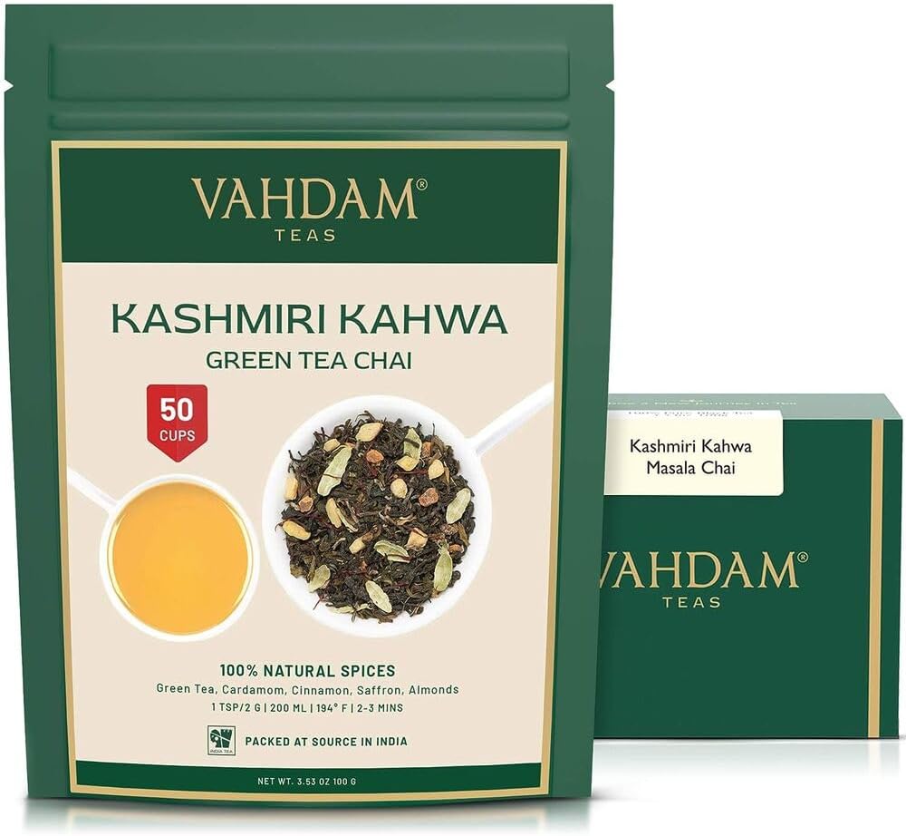 VAHDAM Kashmiri Kahwa Tea, 100g (50 Cups), Indian Masala Chai | Green Tea, Cinnamon, Cardamom, Almond, Saffron Spiced Chai