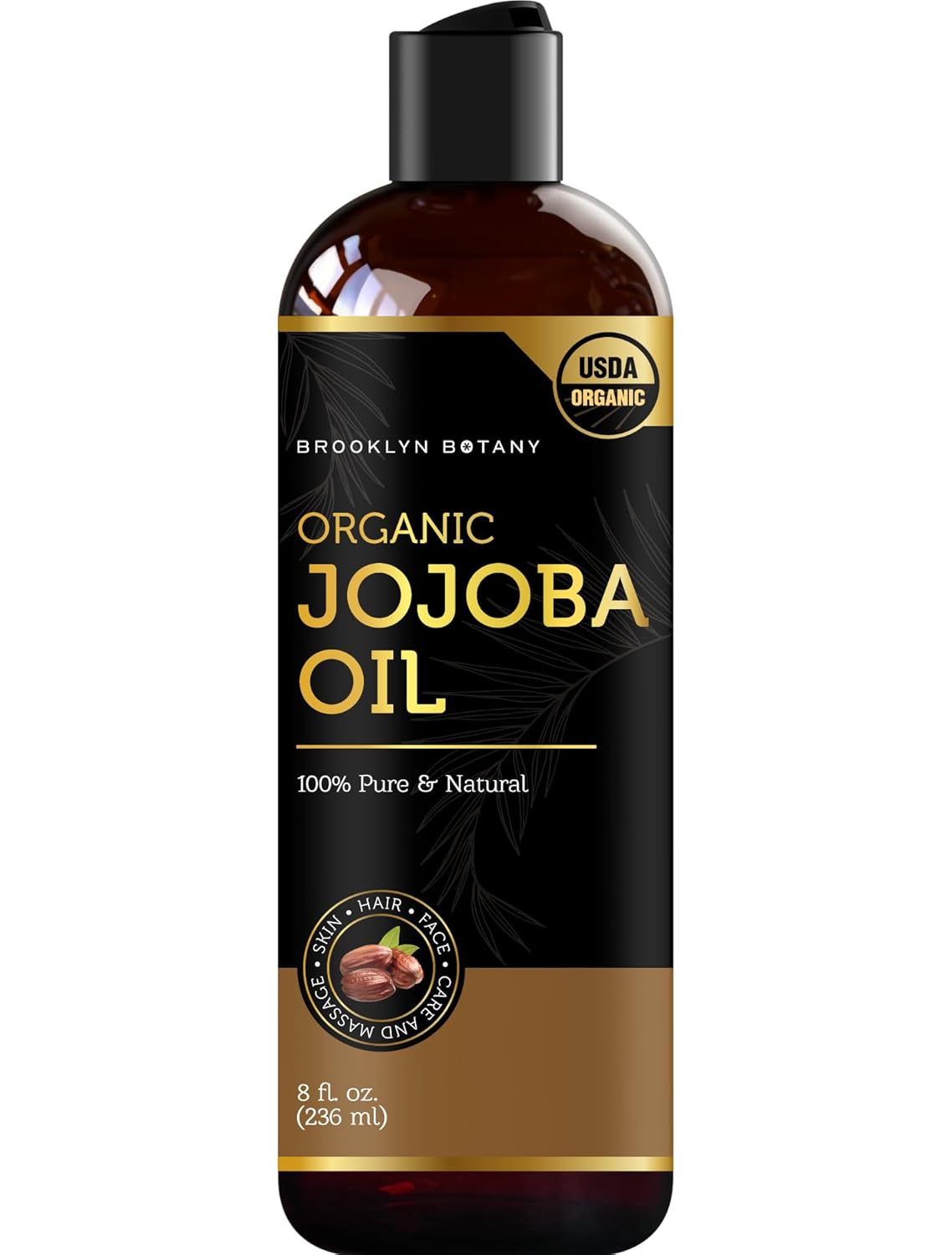 Brooklyn Botany USDA Organic Cold-Pressed Jojoba Oil for Skin, Hair and Face - 100% Pure and Natural Body Oil and Hair Oil - Carrier Oil for Essential Oils, Aromatherapy and Massage Oil - 8 fl Oz