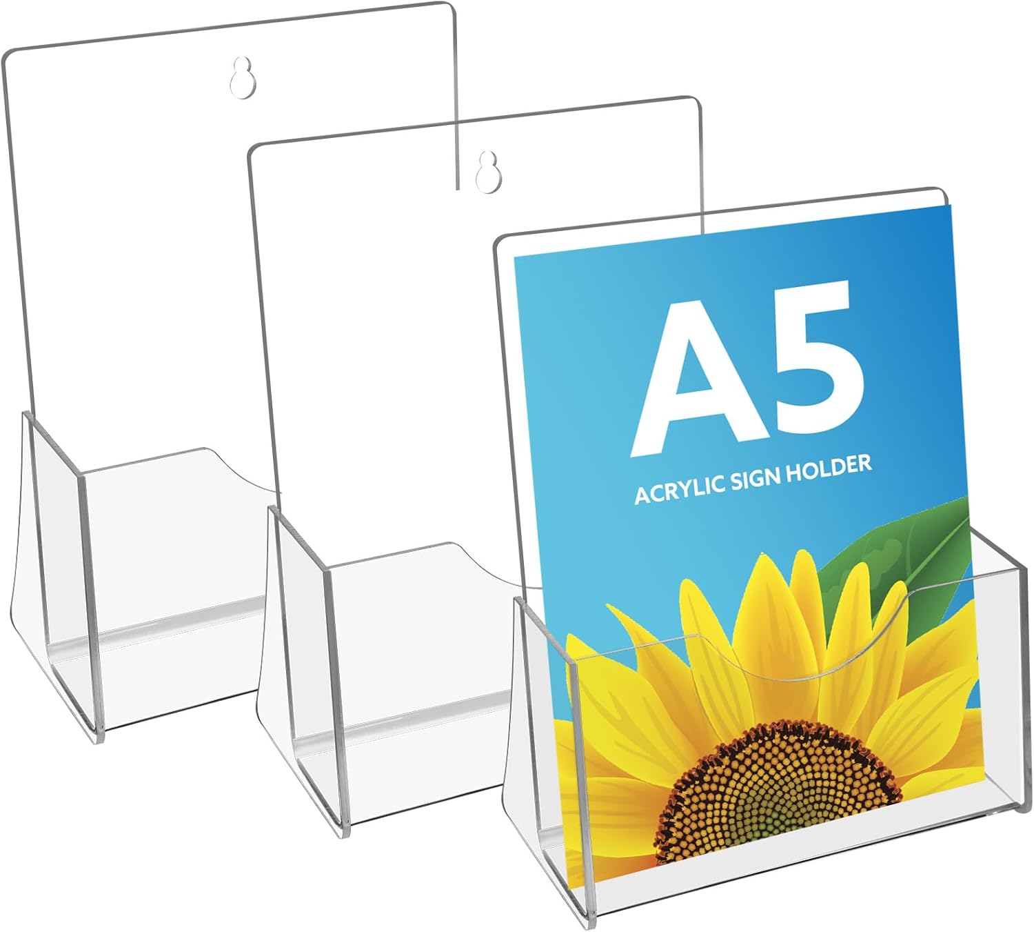 A5 Leaflet Holder, 3 Pack Clear Leaflet Holder with Hanging Hole Acrylic Brochure Freestanding Booklet Flyer Stand for Office Restaurants Reception
