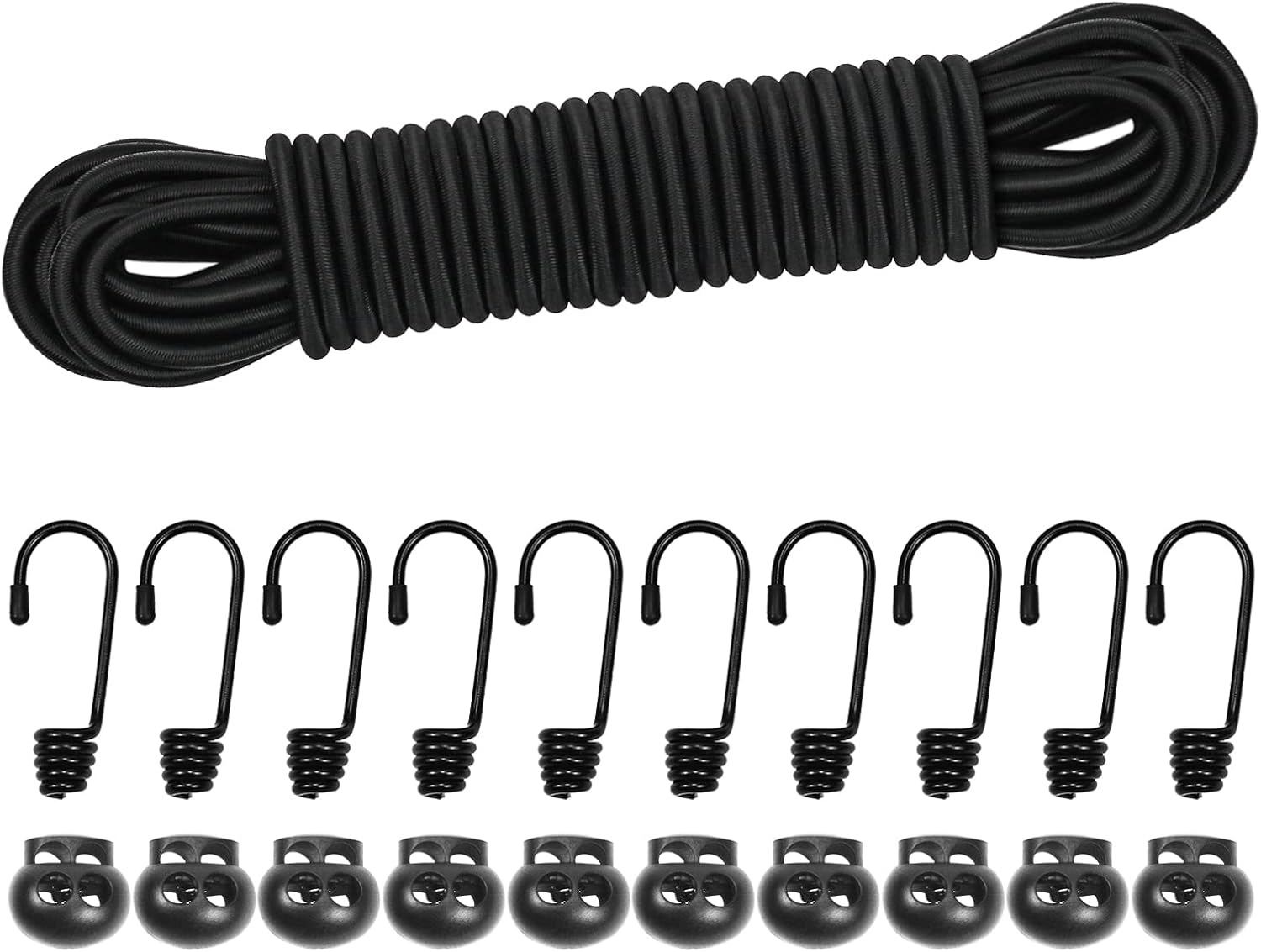 10M Elastic Cord, 1/5" Thick Shock Cord Heavy Duty 32Ft Elasticated Shock Cord Black Bungee Cords with Hooks and Spring Cord Lock for Caravan Cargo Craft Rack (5mm x 10M, Black)