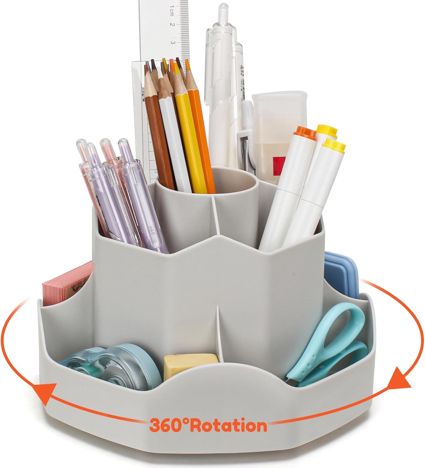 Euqvunn Rotating Pencil Pen Holder for Desk, Pen Pot Desk Organiser with 9 Independents, 360° Makeup Organiser Space-Saving Pencil Pot for Kids, Modern School Office Supplies Keep Desk Tidy (Grey)