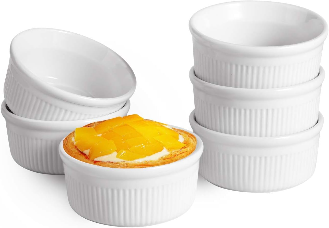 ComSaf 9CM White Porcelain Ramekins Set of 6, 175ML Baking Cups for Souffle, Creme Brulee, Custards, Pudding and Ice Cream - Durable 6oz