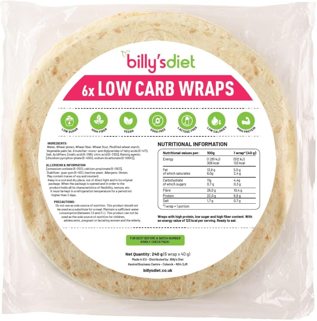 Billy's Diet | 6x40g Low Carb Wraps | 4.4g of Carbs, 123 Calories, 8.8g of Protein, Vegan, High Fibre and Keto Wraps, High Protein Bread and Keto Snacks