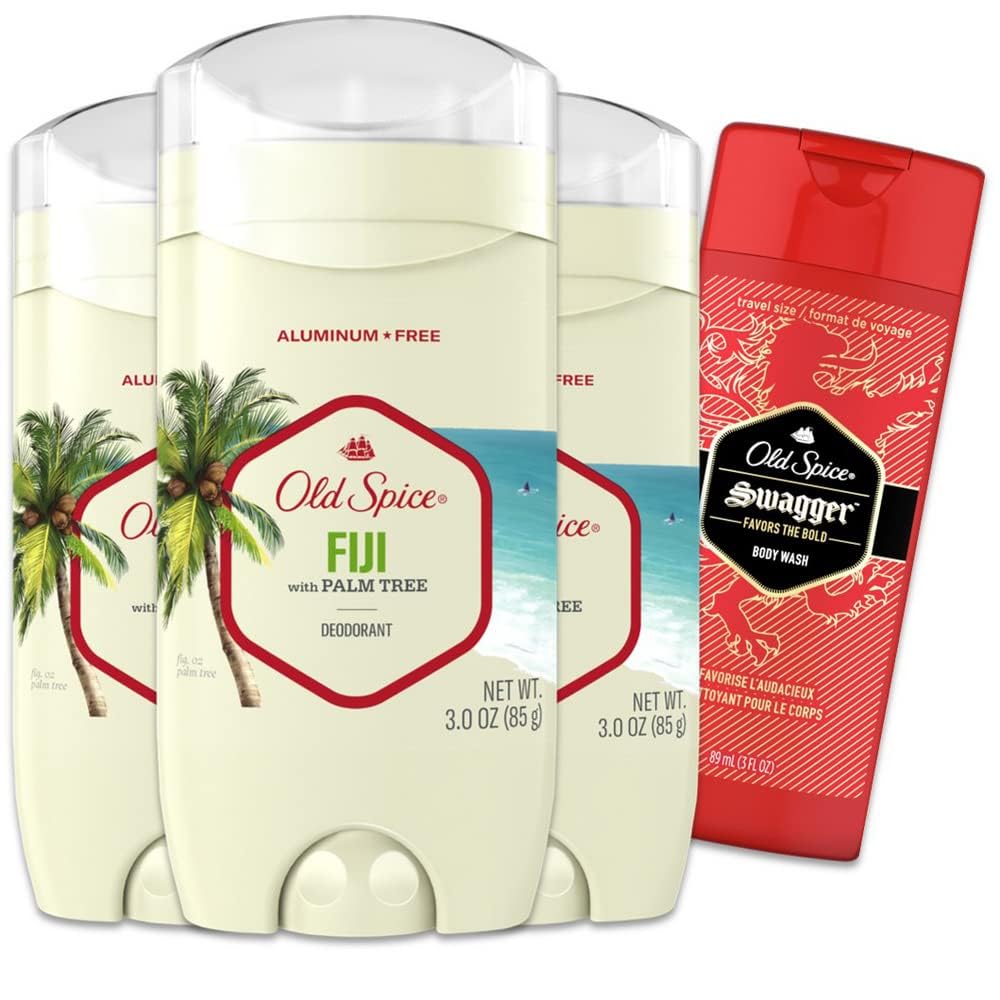 Old Spice Aluminum Free Deodorant for Men, 24/7 Long Lasting Freshness, 24/7 Sweat & Odor Protection, Fiji with Palm Tree Scent Deodorant with Travel-Size Swagger Scent Body Wash, 3 oz (Pack of 3)