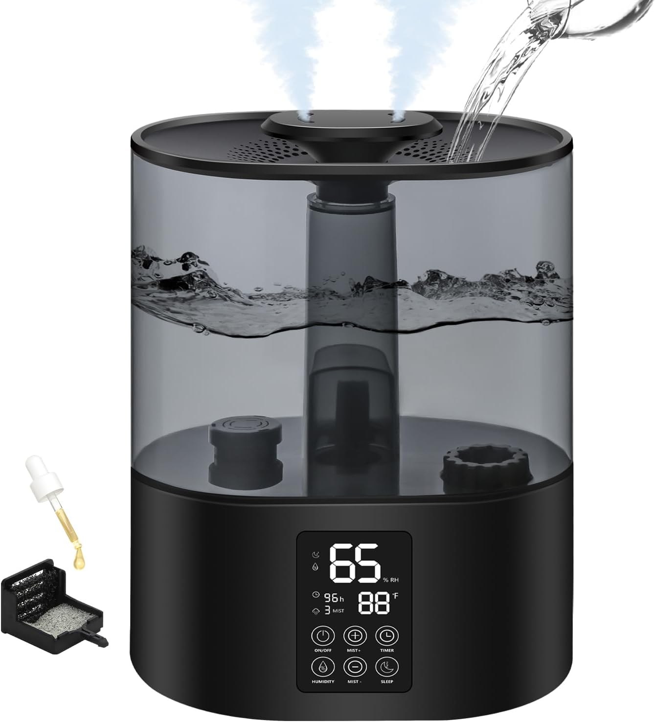 5L Humidifiers for Bedroom and Plants, Ultrasonic Cool Mist Humidifiers for Baby home Mist Top Fill Desk Humidifiers Essential Oil Diffuser, Quiet Humidifiers with Adjustable Mist,360°Nozzle-Black