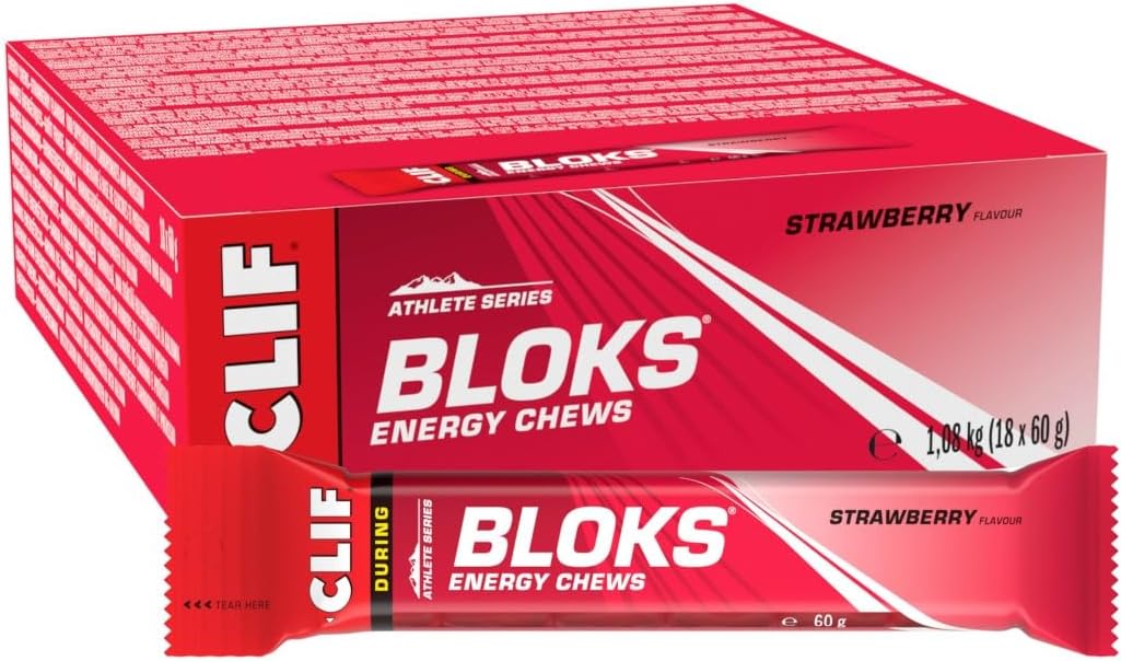 CLIF BLOKS Energy Chews | Strawberry | Plant Based | Quick Energy for Cycling and Running | Workout Snack | 18 x 60 g