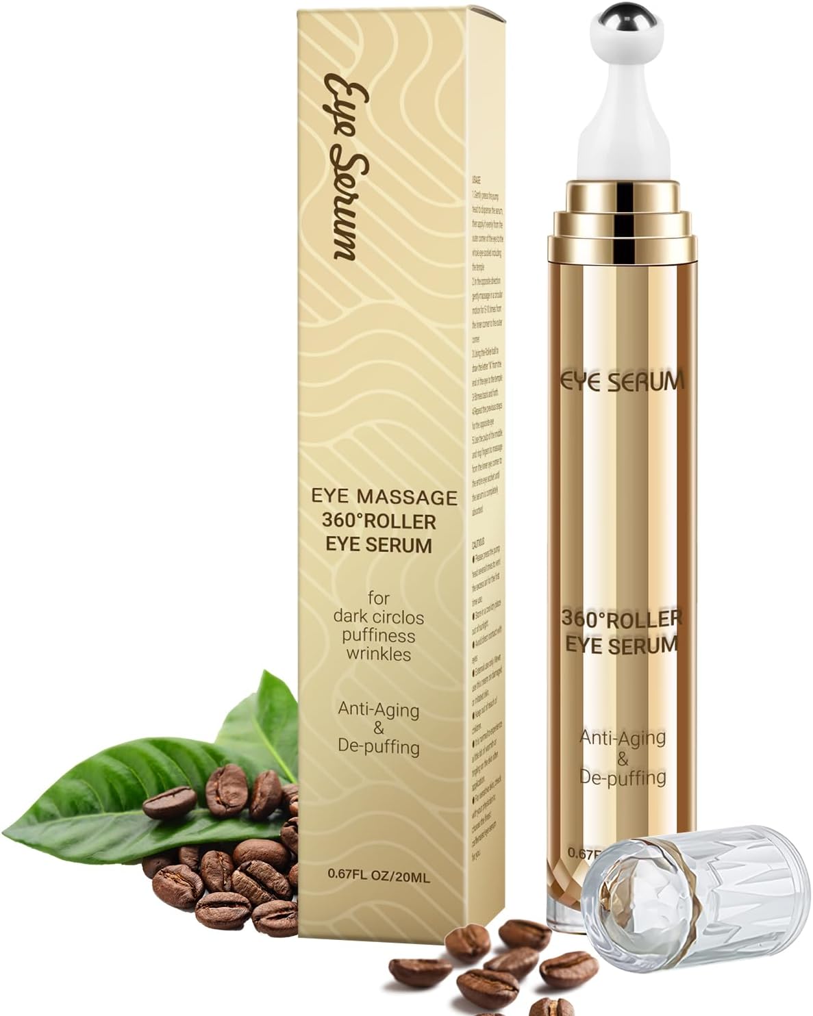 Caffeine Eye Serum, Hyaluronic Acid Under Eye Cream for Dark Circles and Puffiness Anti Aging with 360° Massage Ball Reduce Bags, Wrinkles and Fine Lines 20ML