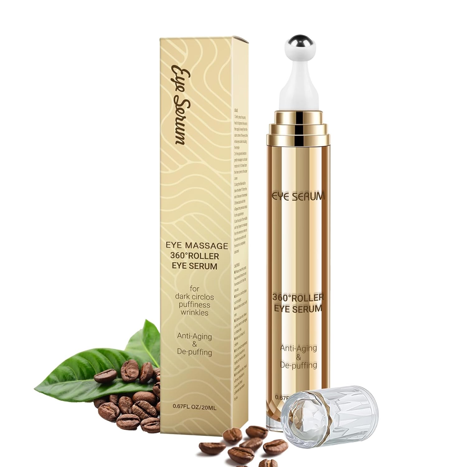 Caffeine Eye Serum, Hyaluronic Acid Under Eye Cream for Dark Circles and Puffiness, Anti Aging with 360° Massage Ball Reduce Bags, Wrinkles and Fine Lines