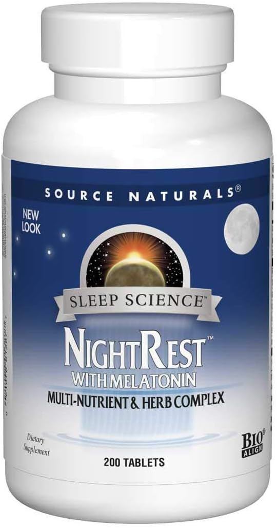 Source Naturals Sleep Science NightRest Multi-Nutrient & Herb Complex With Melatonin, GABA, Passion Flower, Chamomile, Lemon Balm & More - Herbal Formula - 200 Tablets