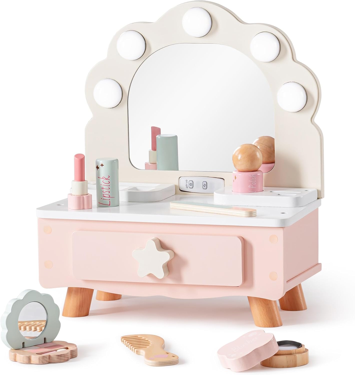 ROBUD Kids Makeup Dressing Table Set, Wooden Girls Vanity Table with Mirror & Light, Kid Role Play Pretend Make Up Toys Kit, Gifts for 3 4 5 6 7 8 Years Old Girls