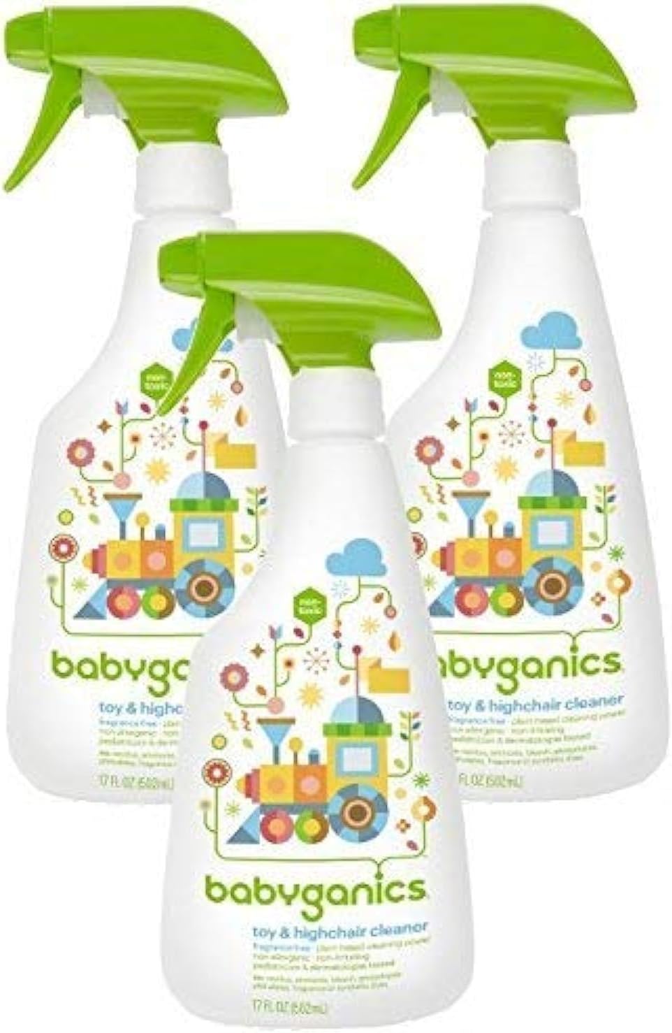 Babyganics Toy & Highchair Cleaner, Pack of 3, Fragrance-Free Multipurpose Household Cleaning Spray for Kids Toys, High Chair, and More, Child Safe, 17oz Spray Bottles