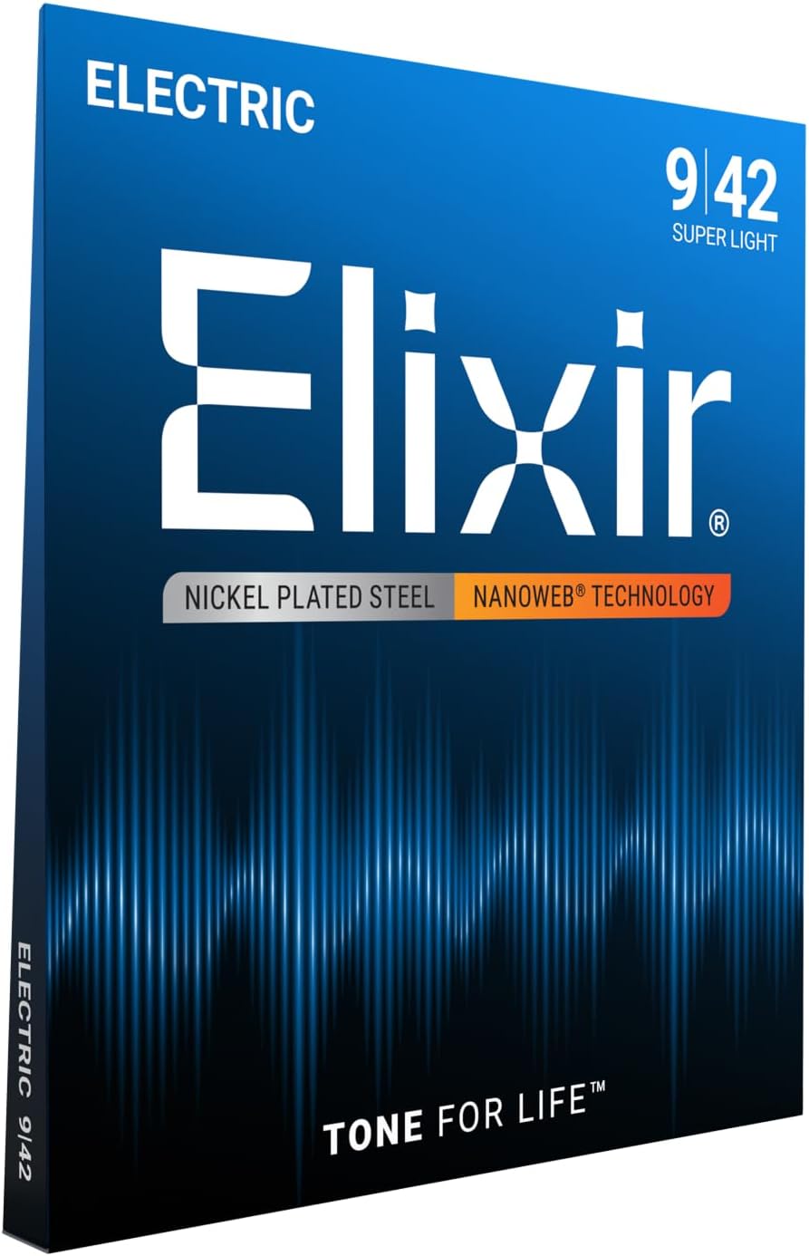 Elixir Strings, Electric Guitar Strings, Nickel Plated Steel with NANOWEB Technology, Longest-Lasting Bright Tone with Comfortable Feel, 6 String Set, Super Light 9-42