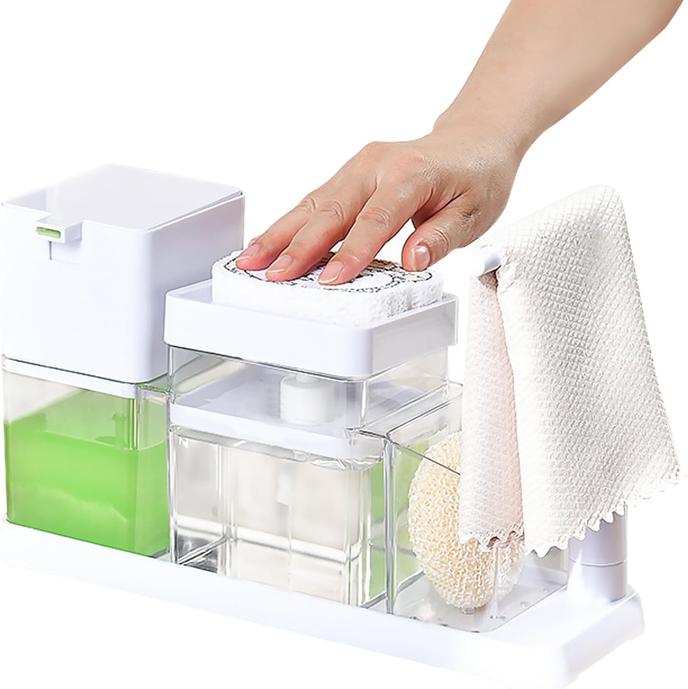 4-in-1 Dish Soap Dispenser Set with Sponges Holder, Sponge and Dish Cloth, Soap Dispenser Suitable for Kitchen Countertop Organisation Storage (White)