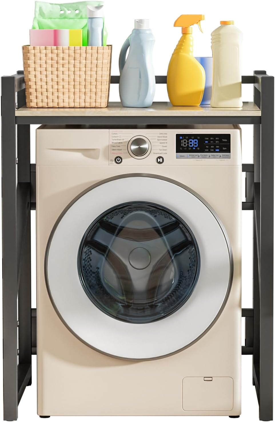 yifaeux Washer Dryer Stack Stands,Over The Washer Storage Shelf, Washing Machine Storage Utility Rack with Countertop, Height Adjustable Washing Machine Storage Stand Black