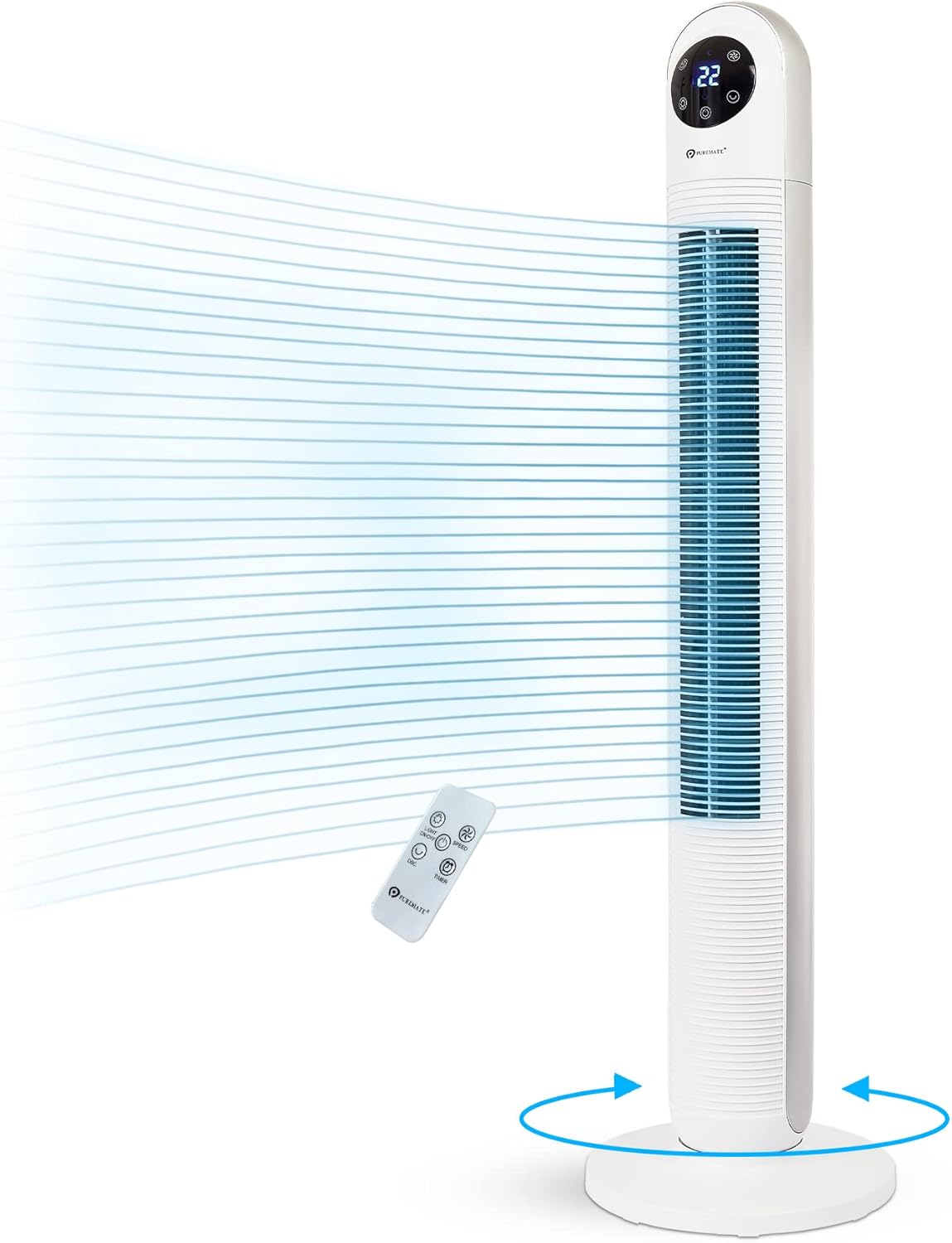 PureMate Tower Fan, 43" Oscillating Tower Fan with 3 Cooling Fan Speeds, Large LED Display, 12-Hour Timer, Portable Floor Bladeless Fan for Bedroom Living Rooms Office
