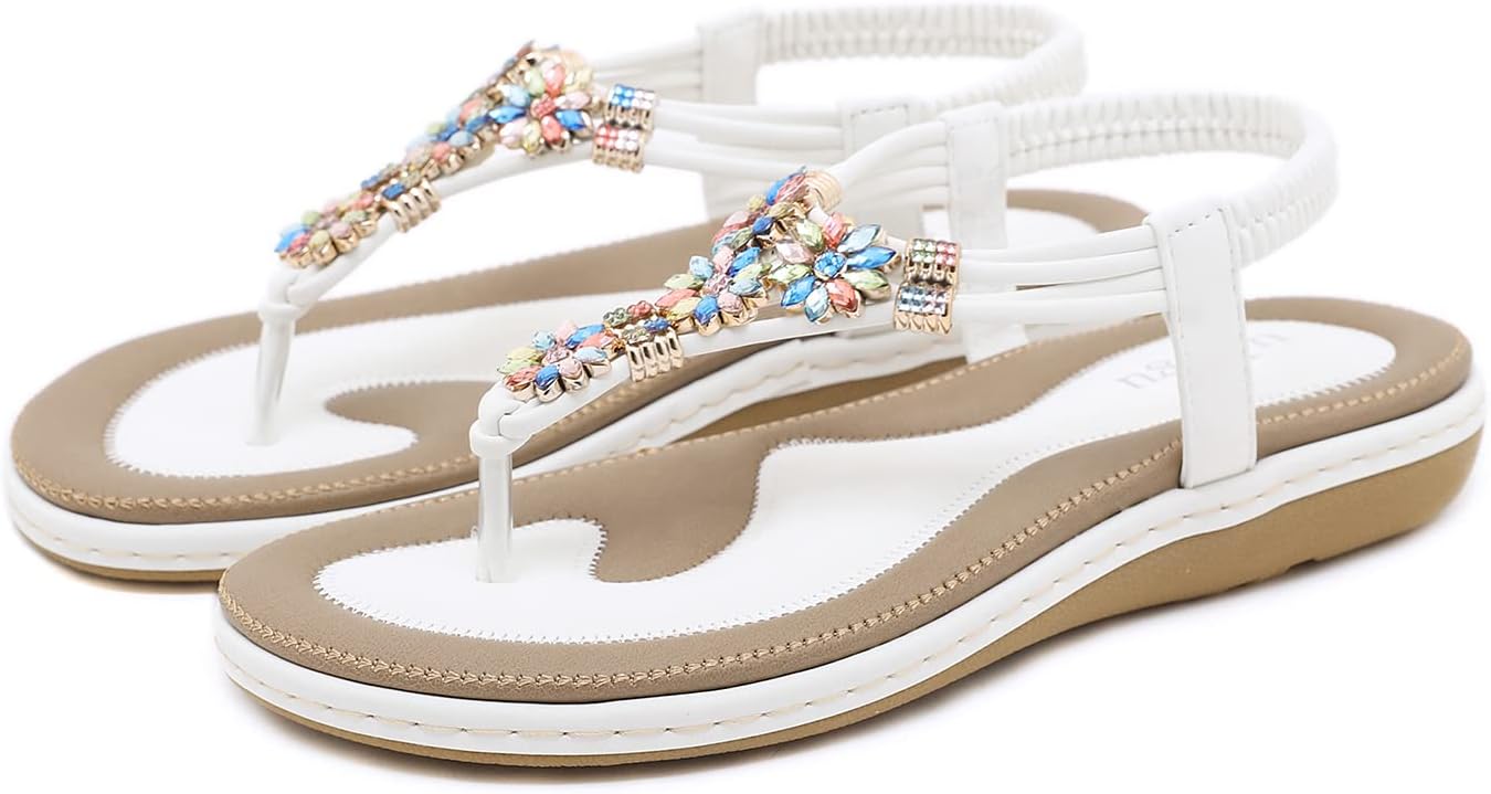 FOGOIN Sandals Womens Ladies Flip Flops Summer Flat Leather Sandal Toe Post Bohemian Walking Sandal