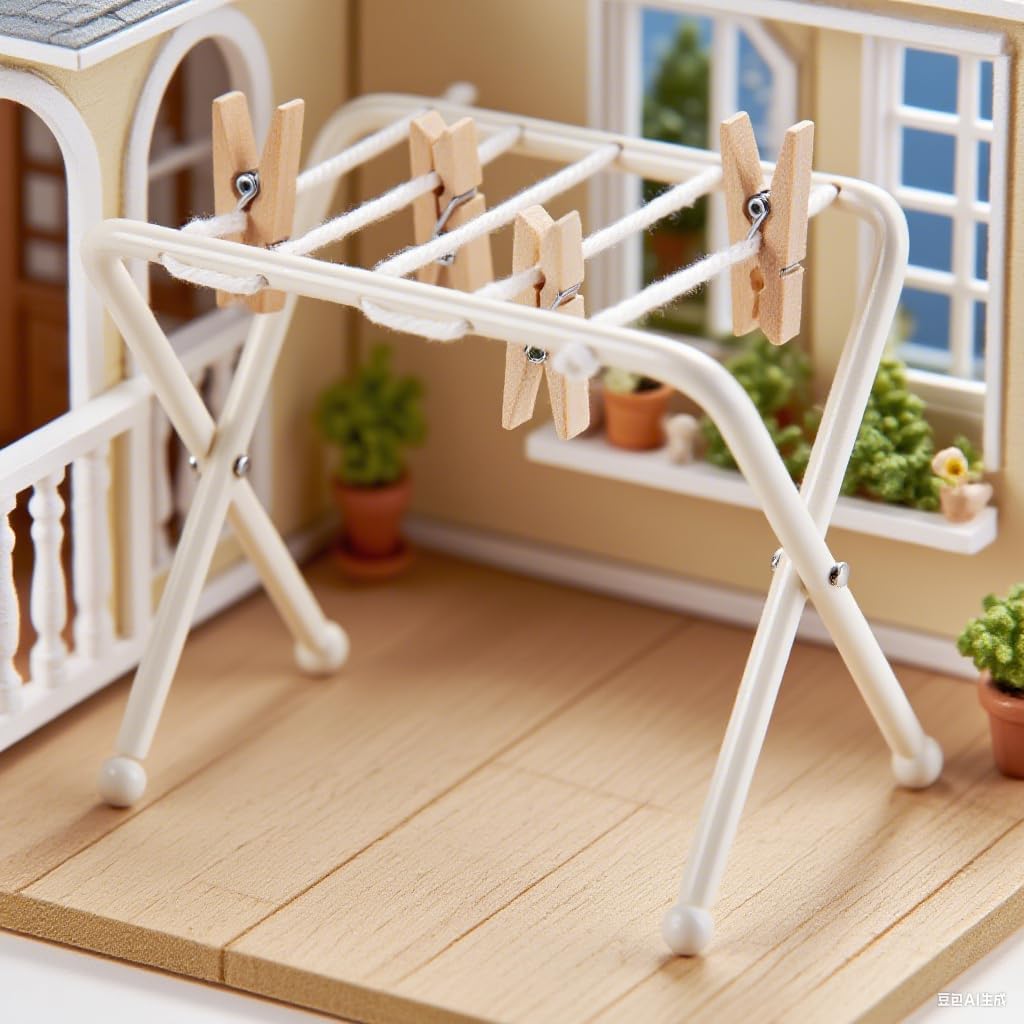 Minamzee 1:12 Dollhouse Clothes Drying Rack, 1 Set MetaMiniature Clothes Rack with 4Pcs Wooden Clips Dollhouse Furniture Accessories for Dollhouse Laundry Room, Balcony and Terrace