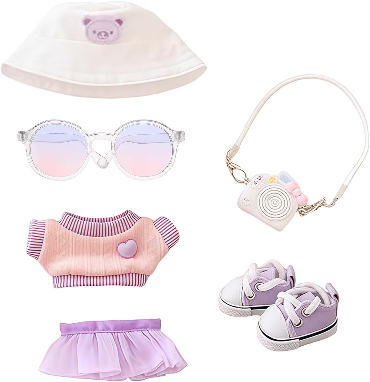Mrltau Cute Casual Clothes For Vinyl Plush Toy Keychain Doll, With Hat Sweater Vest Skirt Camera Deco Shoes, Outfit Accessories for Vinyl Plush Toys Blind Box(purple)