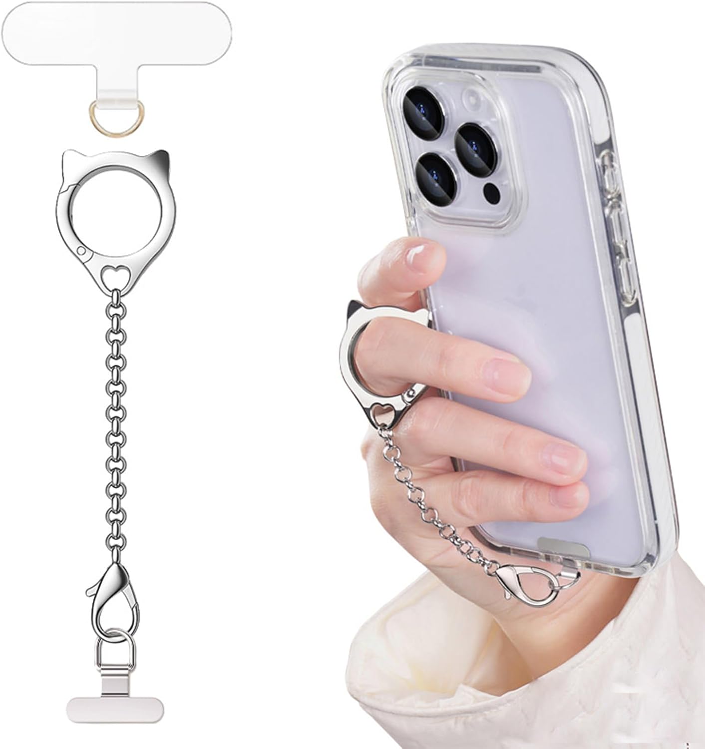 Metal Cat Head Phone Finger Grip Ring Chain Lanyard Keychain Holder Heavy Duty 5KG Capacity Anti-Loss Strap Anti Theft for All Phones Keys Earbuds USB Drives with Stainless Steel Clip Tether Silver